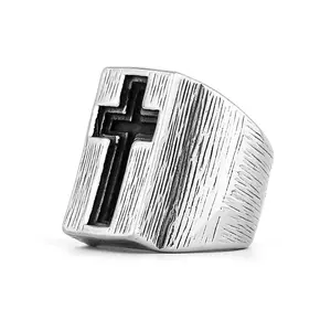 Vintage wide-sided cross titanium steel ring simple exaggerated religious ring ring ring men's hip-hop stainless steel ring