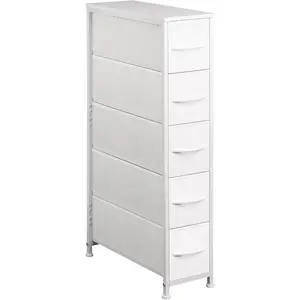 Narrow Dresser Storage Tower with 5 Drawers, Slim Dresser Chest of Drawers with Steel Frame,  Top, Dresser for Bedroom, Bathroom, Small Spaces, Laundry, Closet, White