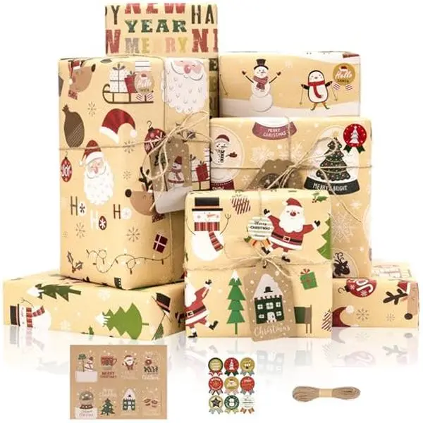 Christmas Wrapping Paper Set w/Tag Sticker Rope, 6 Pcs Vintage Xmas Gift Wrapping Paper w/Cute Santa, Xmas Hat, Thick Brown Kraft Paper for Holiday Gift Wrap, New Year, Party, 27.6x19.7