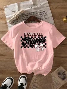 Women's Cartoon & Letter Print Round Neck Tee, Vintage Baseball Mama Graphic Short Sleeve T-Shirt for Summer, Women's Top for Daily Wear, Casual