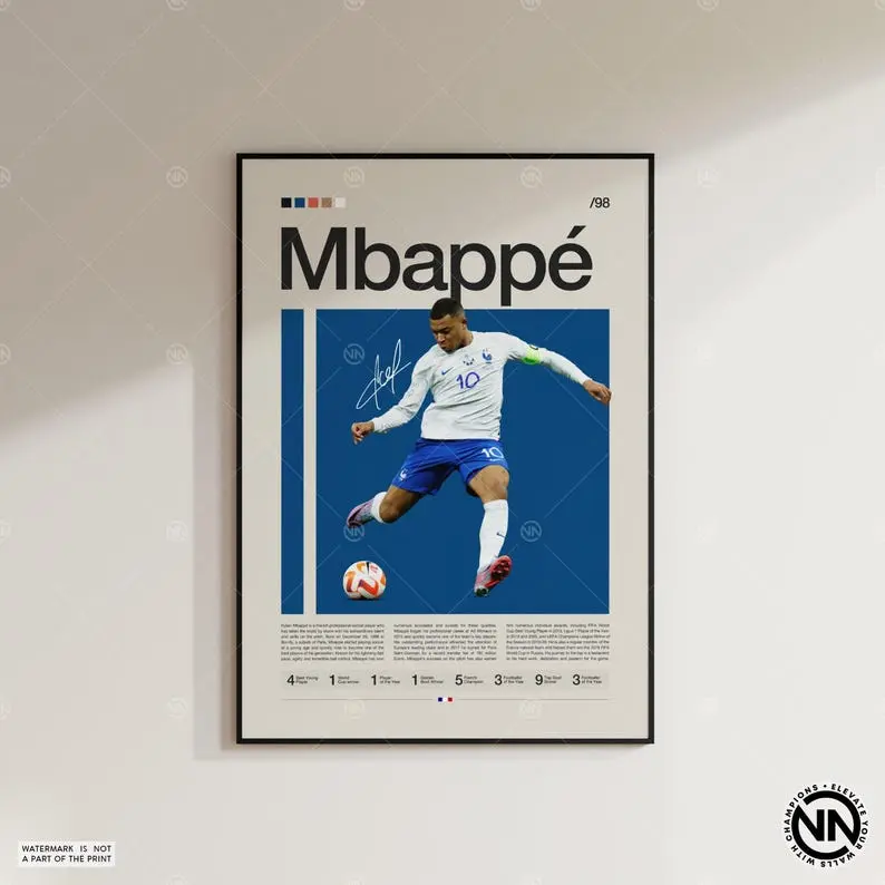 Kylian Mbappé Poster, French Footballer, Soccer Gifts, Sports Poster, Football Player Poster, Soccer Wall Art, Sports Bedroom Posters
