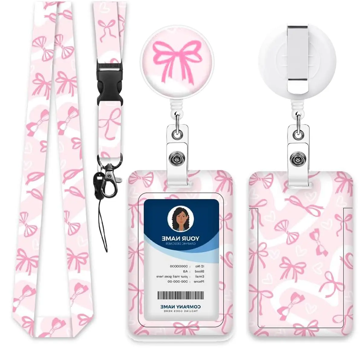 Bow Pattern ID Badge Holder Set, 1 Set Including Badge Holder With Lanyard & Card Cover, Identification Badges Supplies for Office Workers Teachers Nurses