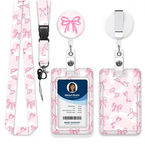Bow Pattern ID Badge Holder Set, 1 Set Including Lanyard & Badge Holder & Card Cover, Identification Badges Supplies for Office Workers Teachers Nurses