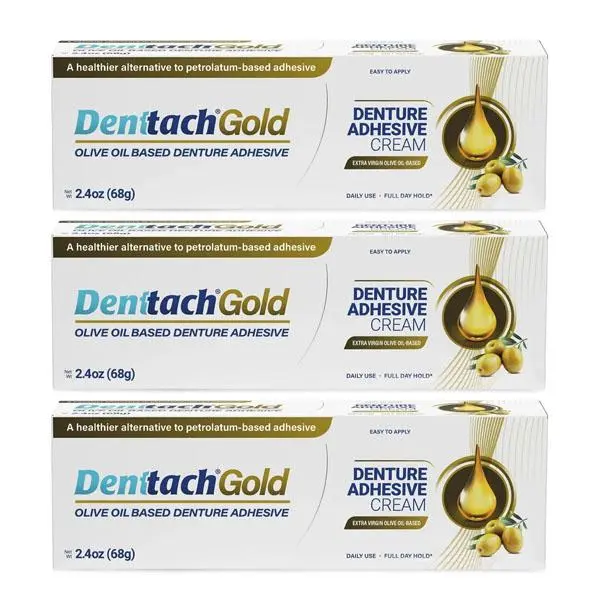 🔥 HOT SALE 51% OFF | Denttach Gold Denture Adhesive, Petroleum Free Olive Oil Based Premium Denture Adhesive Cream for Full and Partial Dentures, All Day Secure Hold Denture Glue, Zinc Free, 2.4 Ounce (pack of 3)
