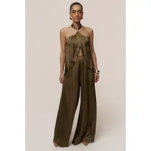 Olive Cascade Satin Pant Set
