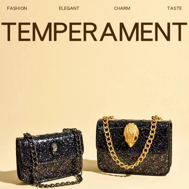 New Night Out Party Mini Glitter Crossbody Bag, Eagle Head Lock Chain Shoulder Clutch for Wedding Club Date