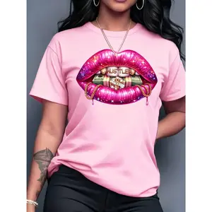 100% pure cotton, suitable for all seasons, available in multiple colors, pink lips, dollar pattern printed T-shirt, spring and summer casual short-sleeve round neck top for women