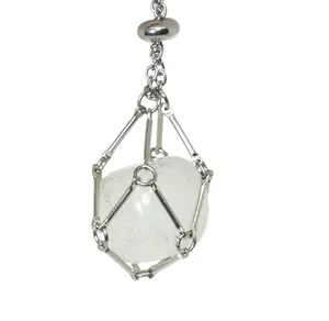 White Crystal Cage Pendant Necklace – Silver Chain