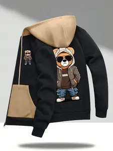 Men's Autumn Winter Cartoon Bear Print Long Sleeve Pocket Zipper Hoodie Color Block Fashion Casual Vacation Sports Outing Top Contrast Color Cardigan Jacket Suitable for Commuting Work  Camping Vacation Gift for Boyfriend Husband Menswear Outdoor Stylish