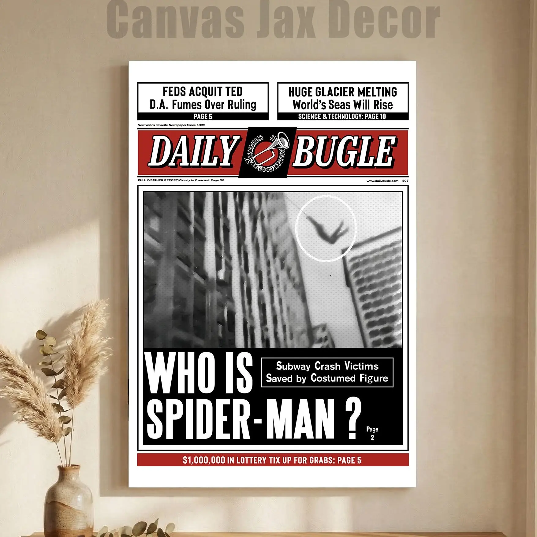 Retro Daily Bugle Newspaper-Style Canvas Poster - Spider-Man Artistic Wall Decor Print for Movie Enthusiasts, Ideal for Living Rooms, Perfect Gifting Option