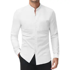 Band Collar Dress Shirts for Men Stretch Dress Shirts Collarless Button Down Long Sleeve Shirts Muscle Fit