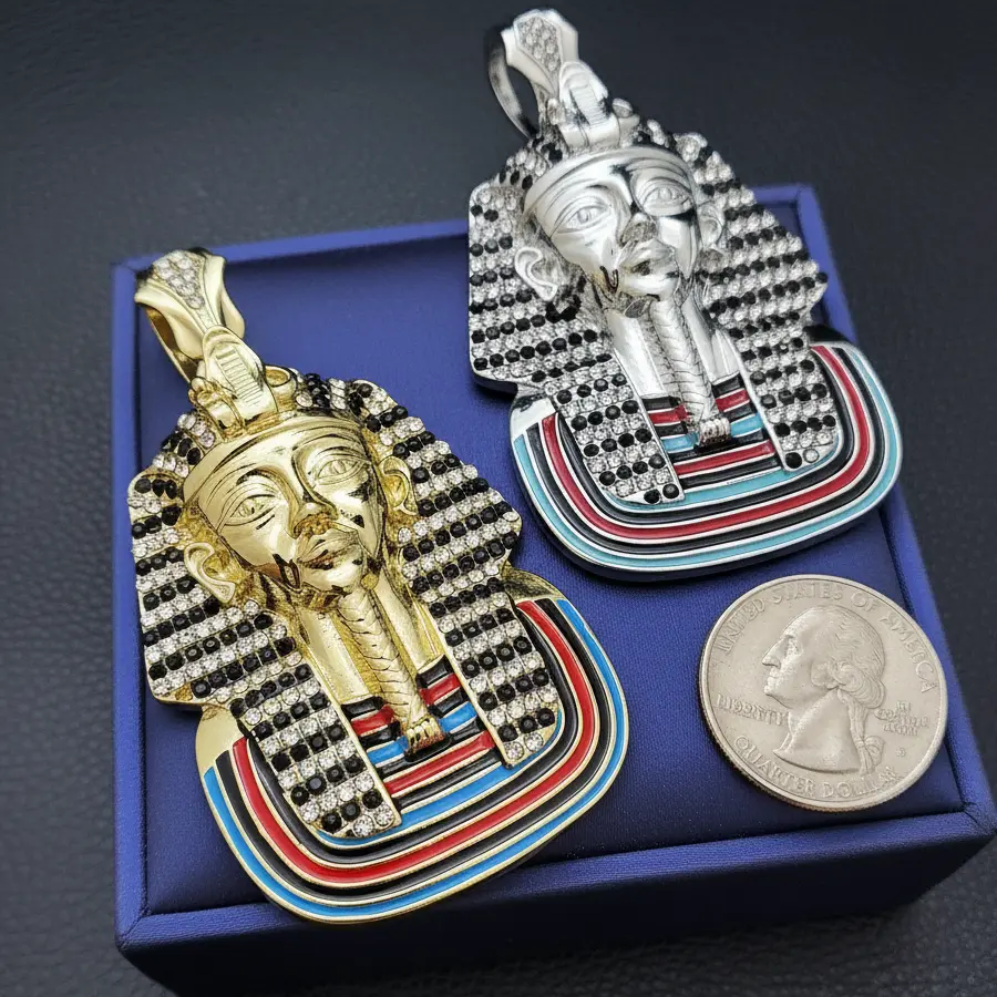 MaxBling81 Large Pharaoh King Tut Iced Gold-Silver Plated Cubic Zirconia Hip Hop Statement Necklace - 2 Sizes, Egyptian Costume Jewelry Charm Pendant to Elevate Style for Anniversary, Daily Wear, Two Sizes