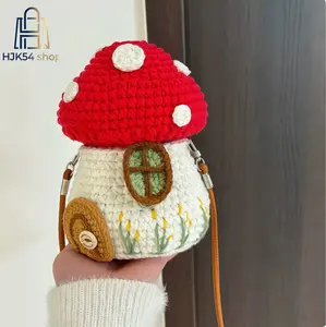 Cute Handmade Crochet Mushroom House Crossbody Bag Fairy Cottage Knit Mini Purse Adjustable Thin Strap Novelty Small Shoulder Pouch for Girls Daily Casual Outfit Birthday Gift