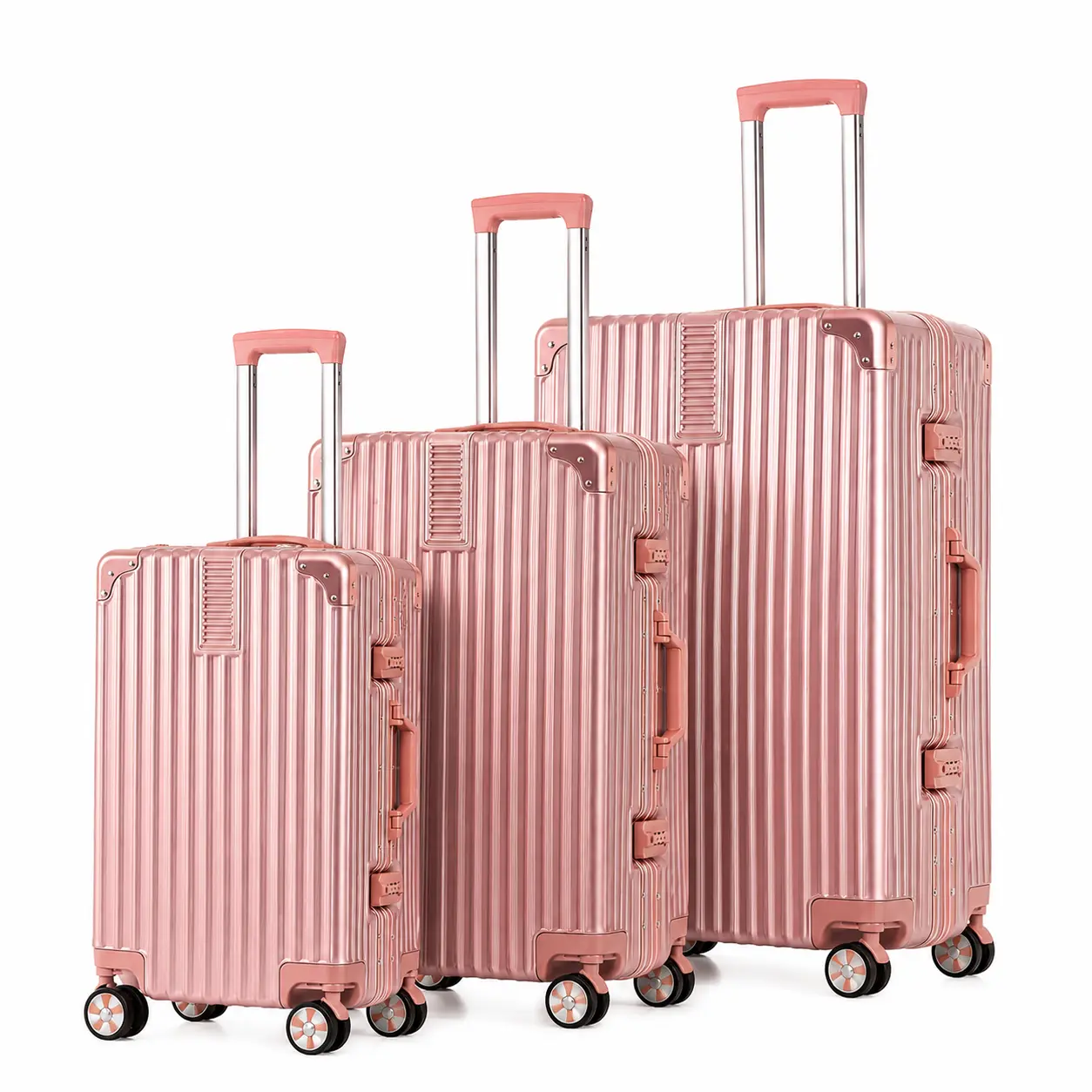 3-Piece Aluminum Alloy Frame Hardside Spinner Luggage Set, Zipperless Buckle Closure Suitcase with TSA Lock, Cup Holder, USB Charging Port, Multi-Size 20/24/28 Inch Lightweight Travel Ready Luggage for Family Holiday Gift (Gold Wheels)