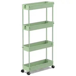 4-Tier Slim Rolling Storage Cart - Bathroom Organizer Utility Cart Mobile Shelving Unit Tower Rack for Kitchen, Laundry Room, Bathroom, Narrow Spaces, Green