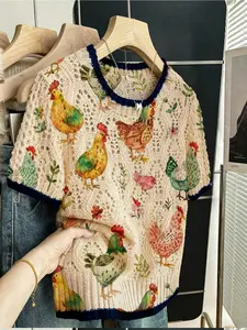 Women's Vintage Farmhouse Cartoon Rooster Animal Print Sweater, Round Neck Short Sleeve Knit Top, Casual Breathable Summer Fall Winter Wear