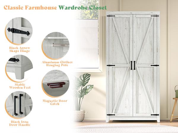 [Spring Sale] AMERLIFE 71'' Farmhouse Armoire Wardrobe Closet with 2 Barn Doors, Storage Cabinet with Hanging Rod & Shelf, Versatile Clothing Storage