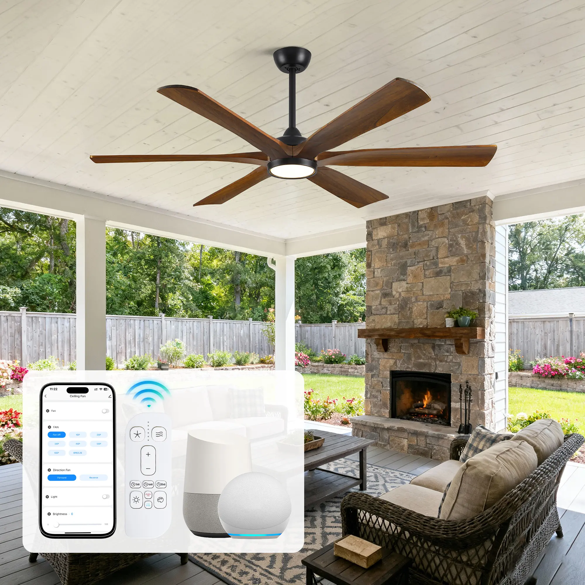 72" Smart Ceiling Fan with Light, Farmhouse Wood Ceiling Fan with Alexa Google Voice Remote Control, Modern Luxury Design Large Quiet Ceiling Fan for Indoor Living Room Bedroom