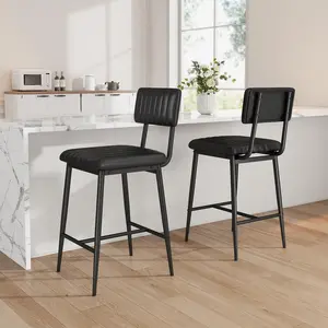 Set of 2 Counter-Height Bar Stools – Black Textured PU Leather, Thick Cushions, Backrests, Footrests, Reinforced Metal Legs – Perfect for Kitchen Islands and Bars – Color: Black Litchi Grain