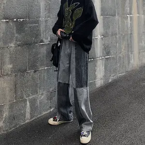 Men's Euro-American Fall Winter Hong Kong Vibe Color Block Paneled Washed Jeans Casual Straight Loose Denim Pants