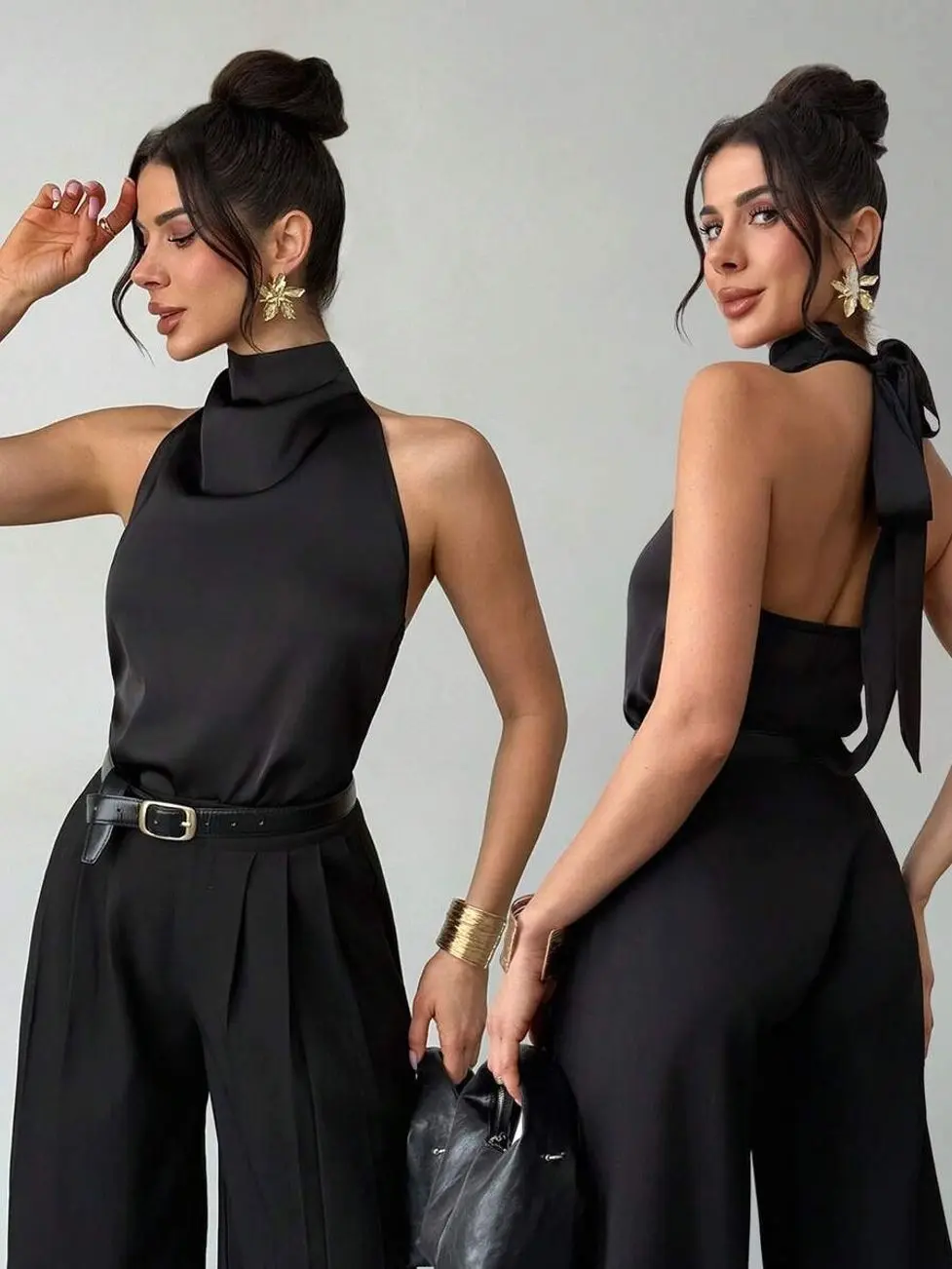 Women Halter Neck Satin Blouse Sleeveless Backless Formal Top for Evening Party Dinner