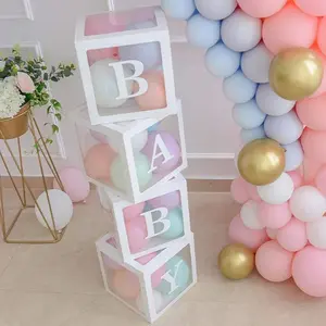 Shower Boxes Party Decorations - 4 count Transparent Balloons Boxes Decor with Letters  Blocks Design for  Shower  Backdrop