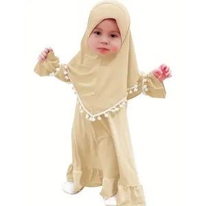 A Youngsters' Spring And Autumn Muslim Dress in Solid Color + a Headscarf