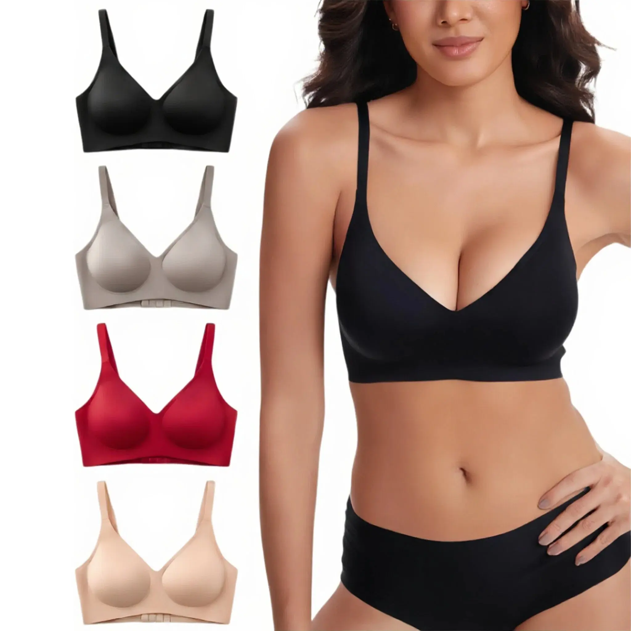 JUNELLA-4PCS Deep V Bra Low Cut Sexy Push Up Bralettes for Women Padded Comfy Smoothing Wireless Lifting Bras Seamless Bralette
