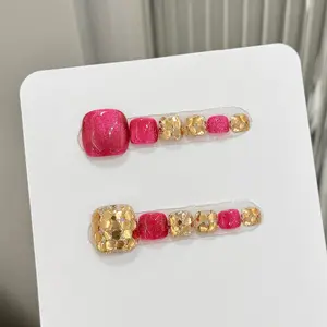 12pcs/bag "Toenail" Red Makeup Rose Red Pitaya Colorful Sequins Summer Toe Nail Art, Elegant and Simple High-grade Sense of Hand-pressed Toenails, Suitable For Daily, Holiday and Banquet Wear.