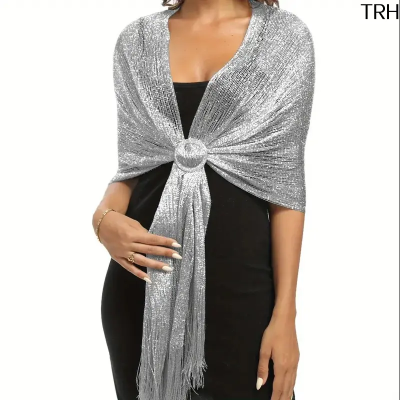 Women's Glitter Metallic Thread Shawl Wrap - Fringe Evening Stole with Free Ring Buckle, Sparkly Sheer Tassel Scarf Cover-Up, Formal Wedding Bridal Accessory, Polyester, Lightweight