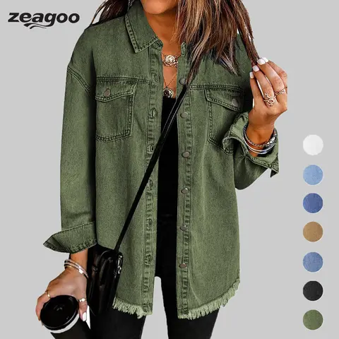 ZEAGOO Women's Oversize Ripped Tassel Cotton Button-Up Denim Jean Jacket - Casual Long Sleeve, 2-Pocket Carry, Soft Fabric, Work & Back to School Outfits, Clothes for Women