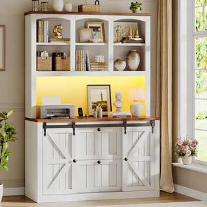 SEDETA 2 Drawer File Cabinet with Power Strip, 41” Farmhouse Filing Cabinet fits Legal, Letter, A4 Size Files for Home Office, Printer Stand with Storage Shelf, Bar Door and LED Lights