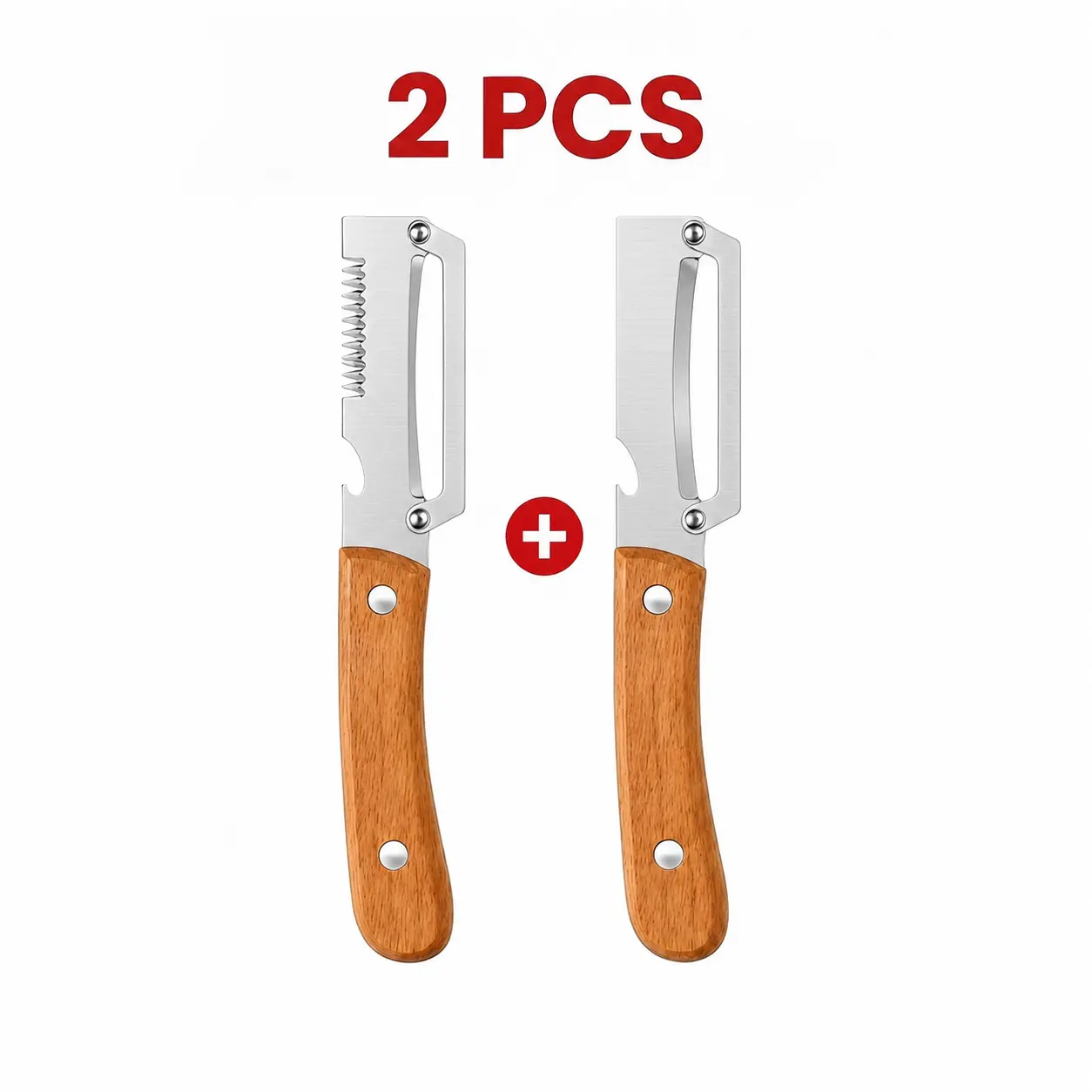 2-Piece 3-in-1 & 2-in-1 Vegetable Peeler Set, Stainless Steel Fruit & Potato Peelers with Wooden Handles, Scallion Shredder & Bottle Opener for Kitchen