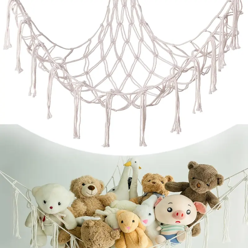 Beige Soft Plush Hanging Corner Storage Hammock-Net, Wall-Mounted Decorative Nursery Organizer, Boho French Country Bedroom Apartment Accessories Home Storage Basket