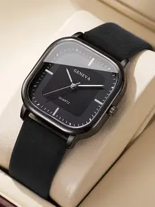 1pc - Men's trendy temperament square simple scale dial quartz watch does not include watch box
