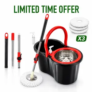 360° Spin Mop and Bucket System with Wringer Set, Stainless Steel Basket & Adjustable Handle, Easy Wringing Floor Cleaning Mop Bucket with Soap Dispenser and 3 Extra Microfiber Heads for All Floor Types
