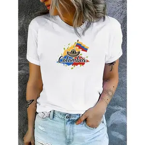 Women's Athletic Wear Featuring a Stylish Round-Neck Short-Sleeve T-Shirt for Colombia's Independence Day, Breathable Quick-Dry Performance Top, Lightweight Gym Running Yoga Tee, Patriotic Casual Sportswear for Summer Workout & Outdoor Activities
