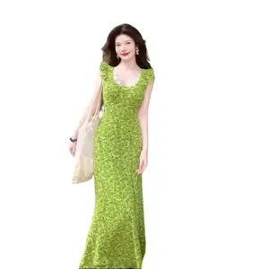 SYHAN 2026 Latest New Summer Green Lace Square-Neck Dress for Women Perfect for Beach Outings Enhances Fairness High Waist Long Skirt Formal Party chartreuse color
