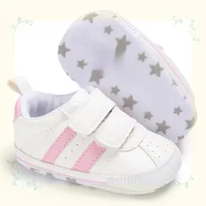 NewNewborn Soft Sole Sneakers, Non-slip White Pram Shoes, Boy Girl Stripe Prewalker Trainers