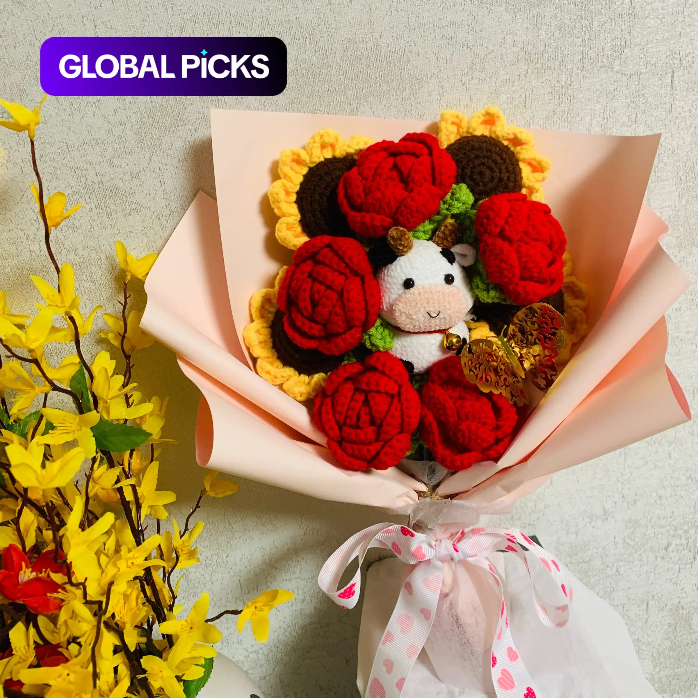 Crochet Flower Bouquet, 1 Count Handmade Knitted Rose Bouquet with Cow Doll, Gift for Girlfriend, Birthday Gift, Faux Flower Decorations, Home Decor #GLOBAL PICKS