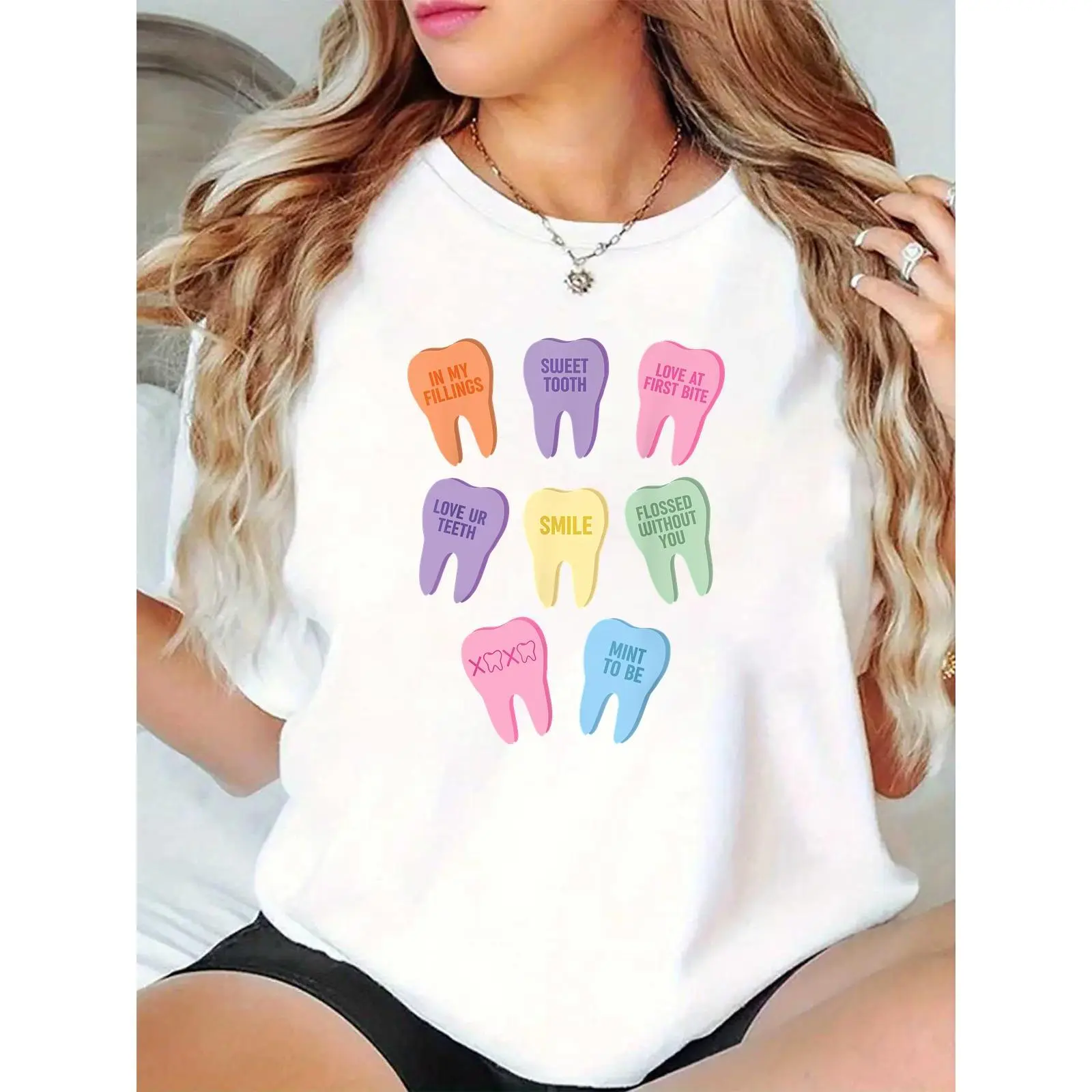 Women's Cute Colorful Teeth Graphic T-Shirt, Dental Puns (Sweet Tooth, Love at First Bite) Casual Daily Tee for Dental Lovers, Dentists & Students 100% Cotton T-shirt