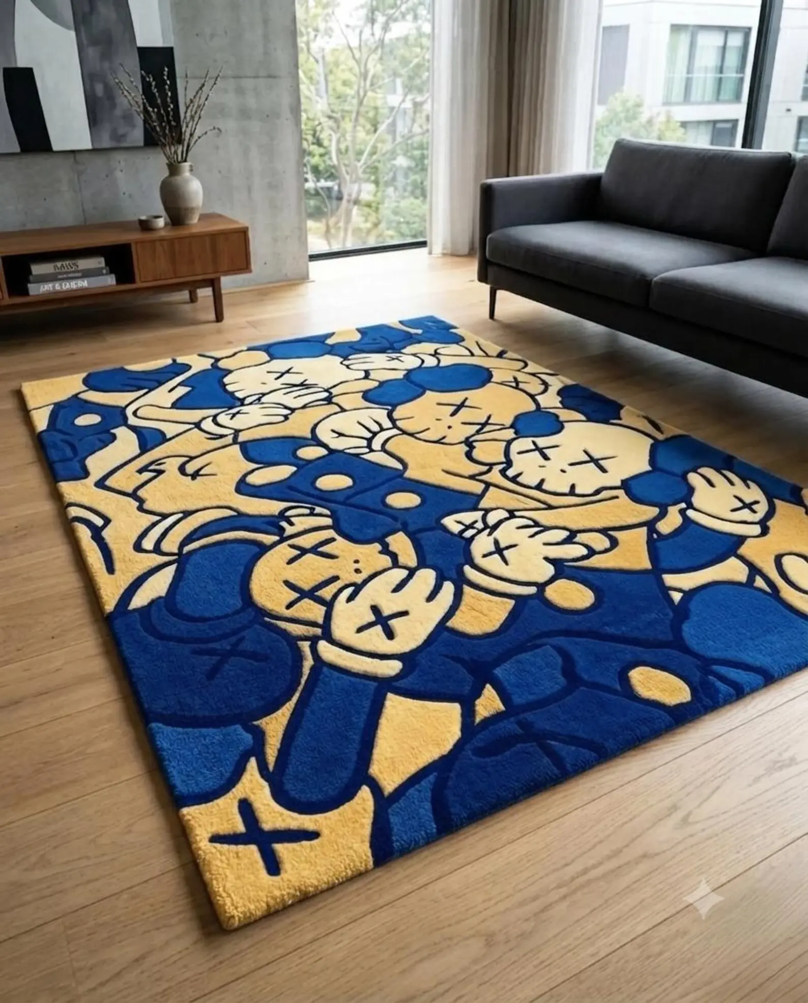 KAWS-Inspired Handmade Tufted Area Rug, Blue-Cream Cartoon Street Art Carpet, Modern Living Room Bedroom Decor Gift