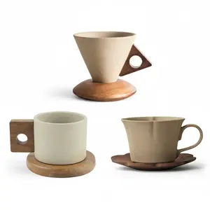 Wabi Sabi Ceramic with Acacia Base Coffee Cup Set Wooden Saucer Elegant Gift for Mother's Day, Valentine’s Day, Anniversary, Christmas & Coffee Tea Lovers, Vintage Minimalist Mug for Daily Coffee |