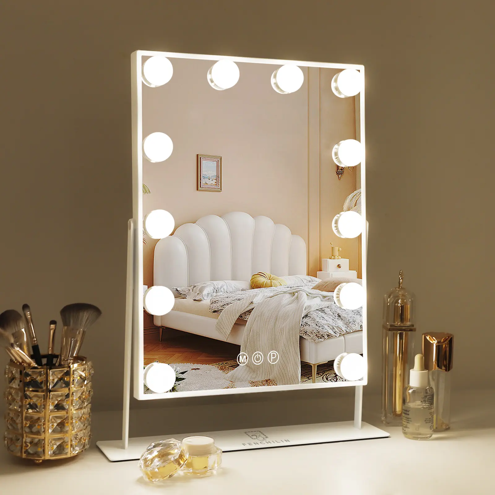 VANITII 14"x18" LED Lighted Metal Tabletop Makeup Mirror | Bright Lights for Daily Beauty & Makeup, Ideal for On & Off Campus