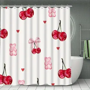 1/4pcs Cherry & Letter Pattern Bathroom Decor Set, 4 Countsset Including Decoration Shower Curtain & Toilet Lid Cover & Mat & U-shaped Mat, Bathroom Accessories, Shower Curtain Sets, Home Goods