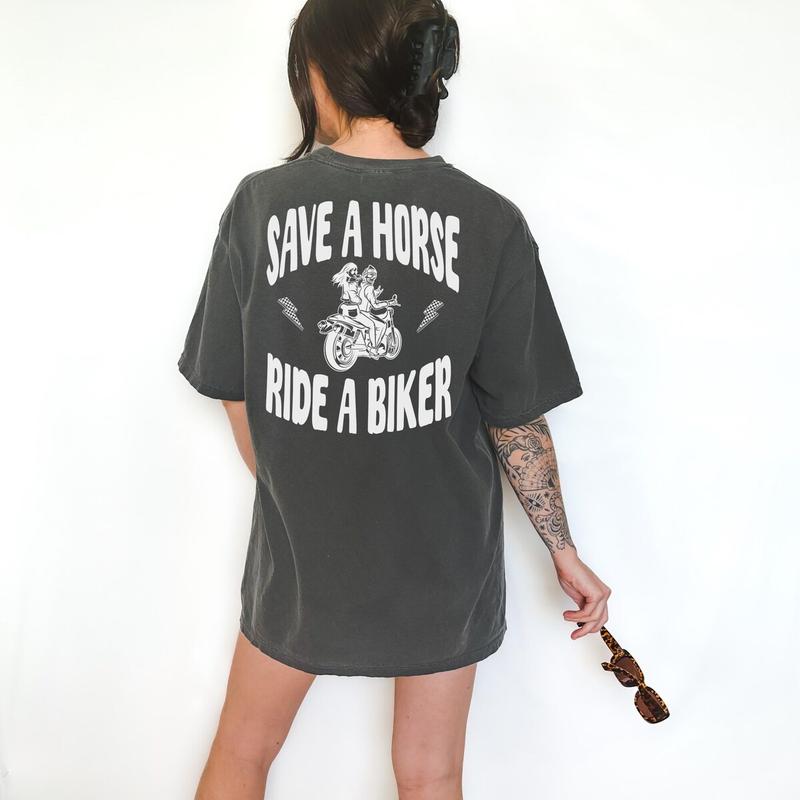 Save A Horse Ride A Biker Graphic Tee T-Shirt for Women, funny retro vintage trendy grunge motorcycle harley