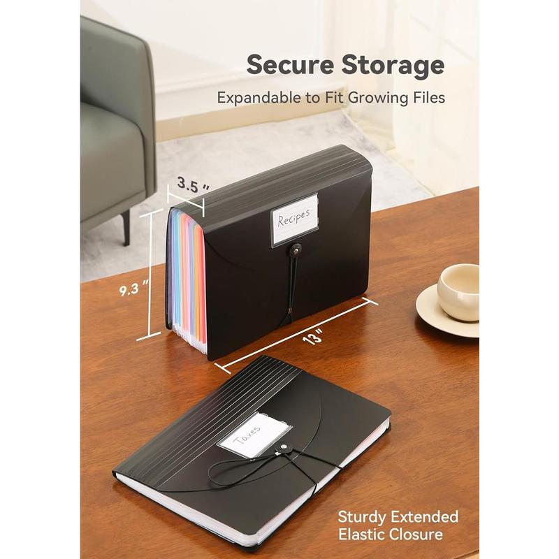 Accordion File Organizer 12 Pockets, Monthly Bill Receipt Tax Organizer, Expanding File Folders with Larger Bright Tabs, Fits Letter/A4 Size  Black