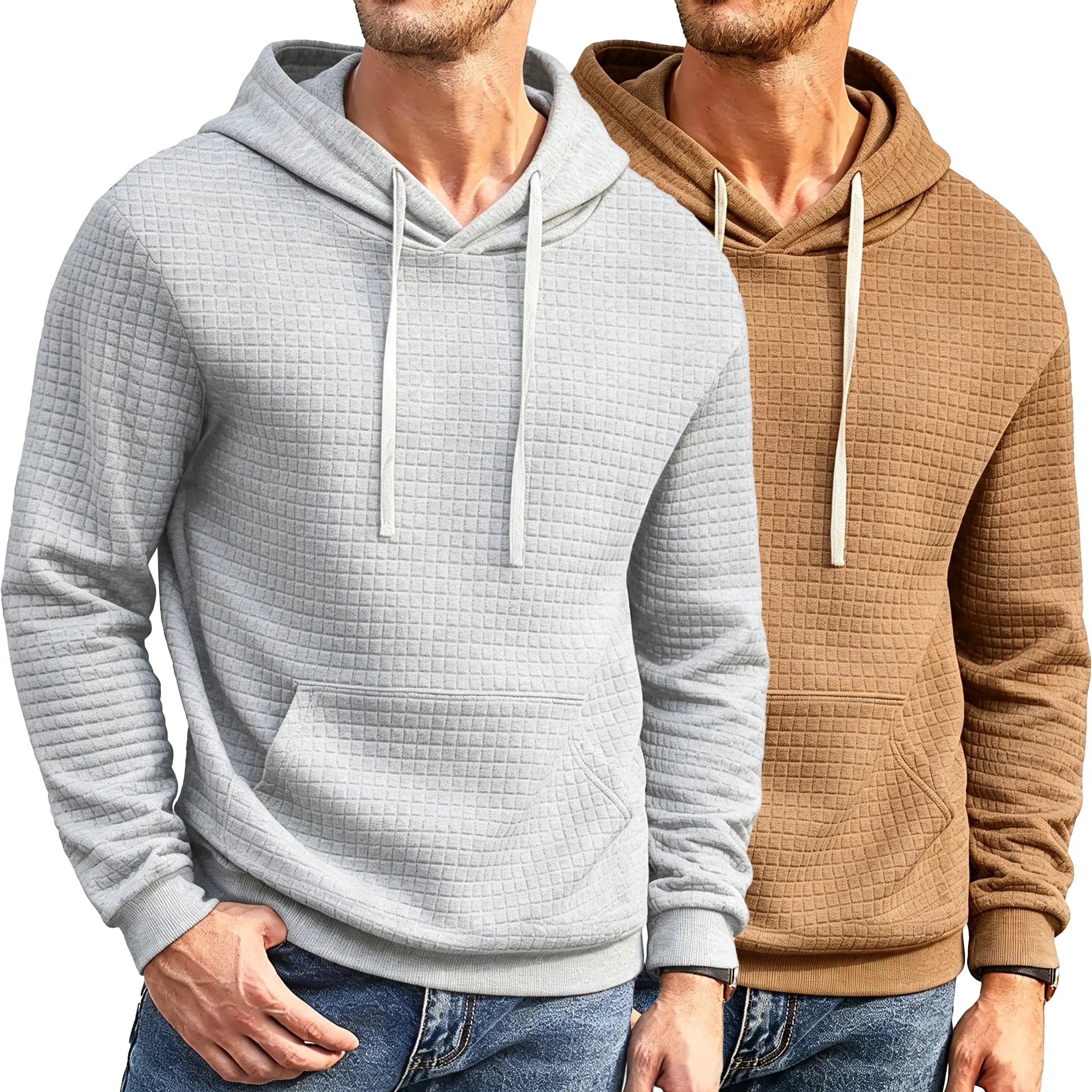 Men's Padded Quilted Hoodie - Stylish Cozy Long-Sleeve Menswear Top with Drawstring, Ideal for Fall & Winter Casual Wear, Available in Gray & Beige Sweatshirts, Tops, Longsleeves, Plain, Polyester