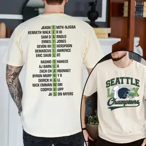 Seattle LIX World Champions T-Shirt | Emerald City Football Legend Roster Tee | Double Sided Graphic Cream Shirt for Northwest Fans, Year-Round Style, Easy to Wear, Soft Touch, Feels Like a Favorite