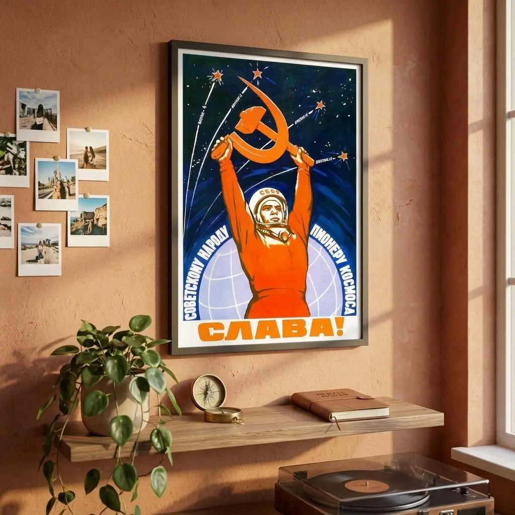 Soviet Aerospace Pride Poster, Communist USSR Wall Art, Russian Soviet Propaganda Print, Military Space Poster, Vintage Cosmonaut Artwork, Retro Space Exploration Decor, Framed Style Wall Print, History Gift